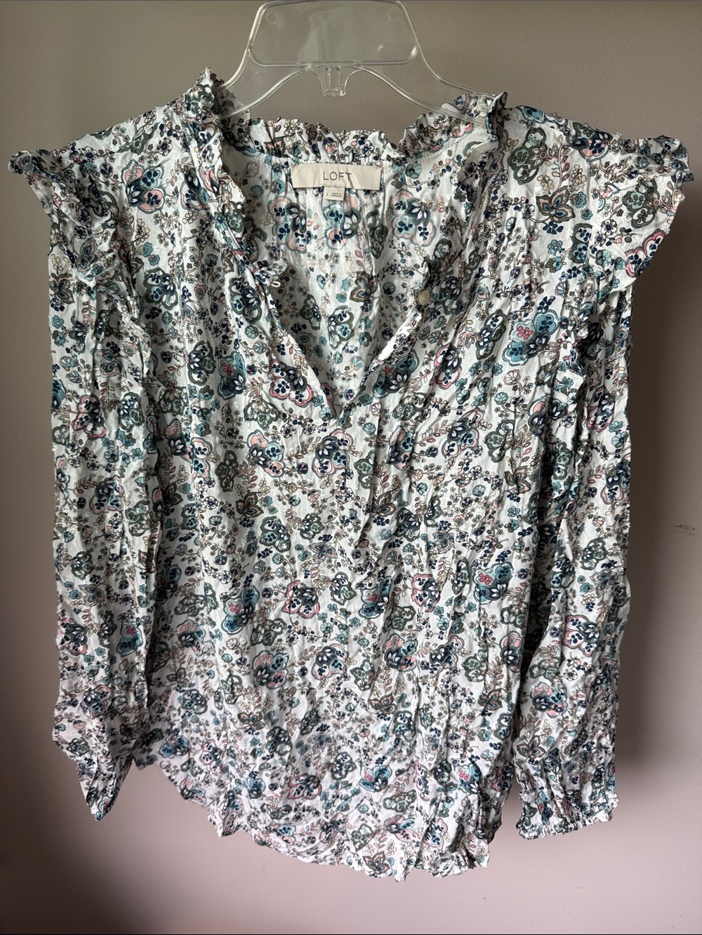 LOFT White Floral Print Ruffle-Trim Blouse